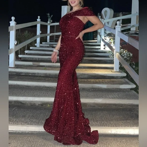 white christmas dresses Red Glitter Mermaid Prom Dress with Cowl Neck & Bow Back – SS373 –  Viniodress main image 1